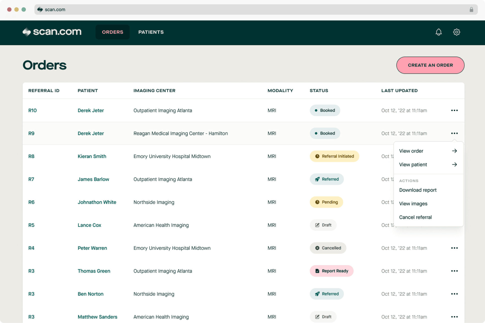 Screenshot of Scan.com portal UI showing a list of referrrals